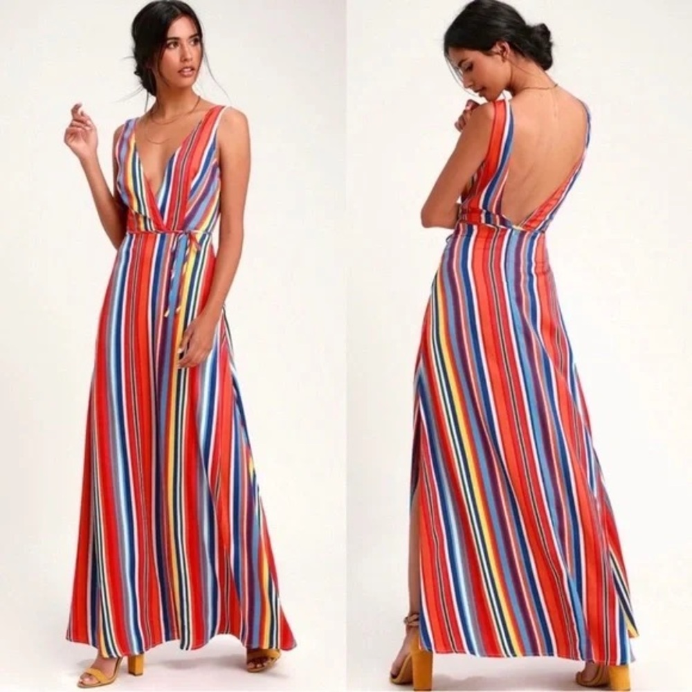 Lulu's Vibrant Striped Backless Maxi Dress